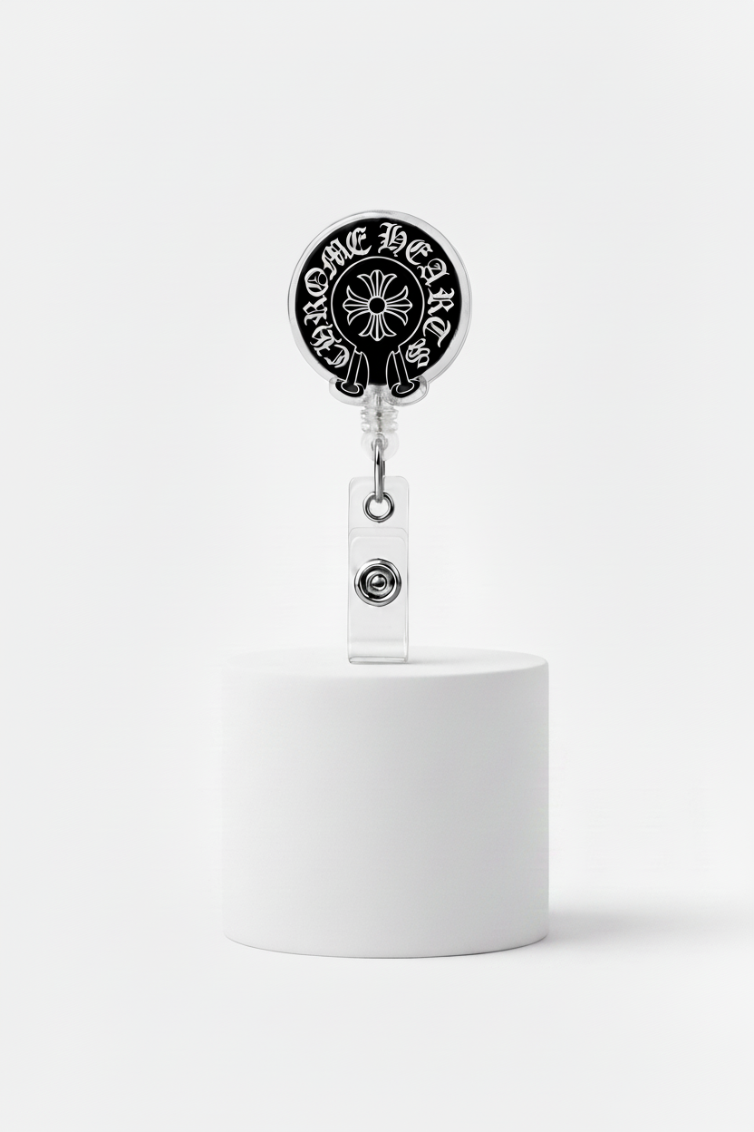 black chrome heart badge reel